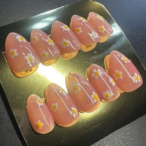 Short coffin pink flower handmade press on nails